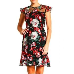 Donna‎ Morgan Floral Mesh Flutter Sleeve Cocktail Dress Black Red Silver Sz 2 L2